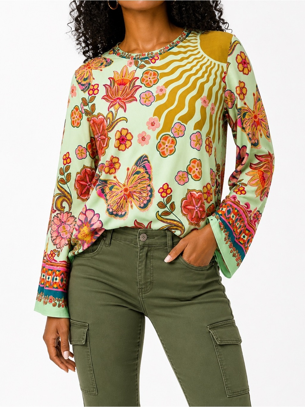 Johnny Was Janie Favorite Flare Sleeve Crew Neck Butterfly Top NEW Small